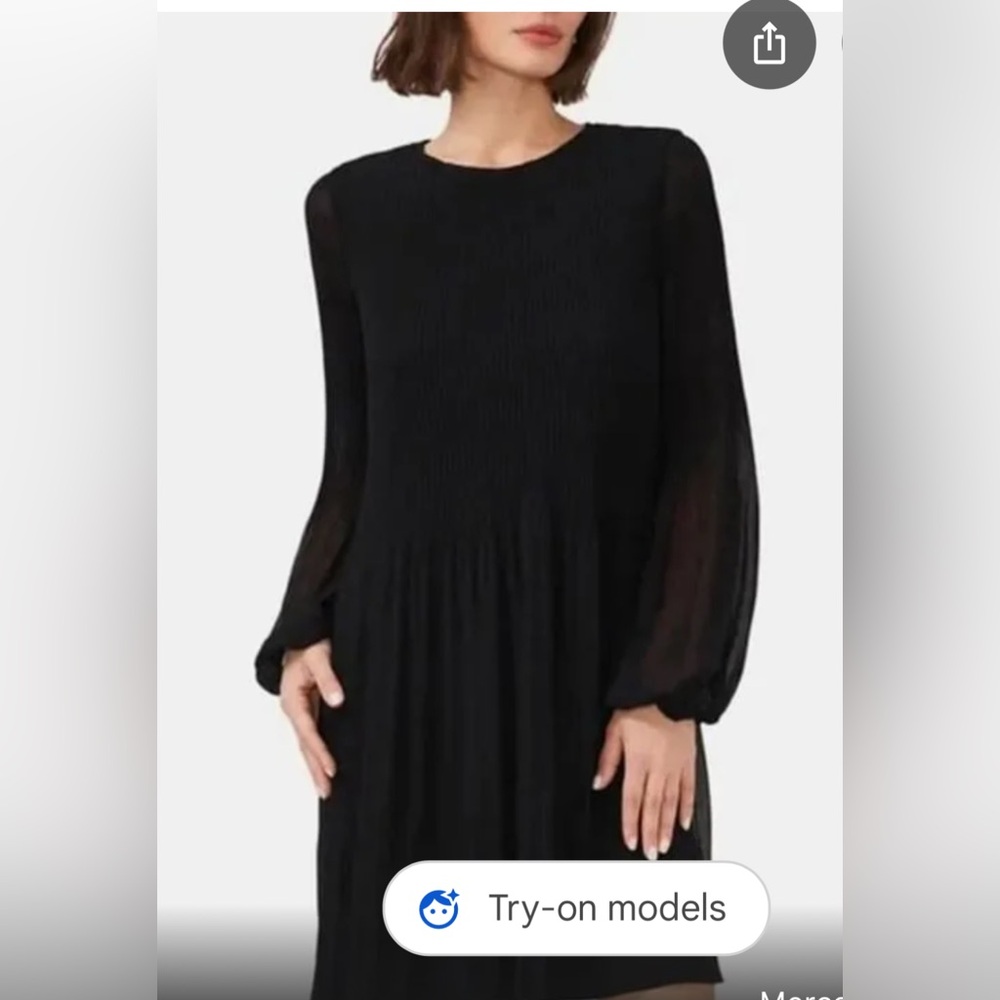 Halogen Plisse Long Sleeve Dress Pleated Formal Rich Black Sheer NWT Size L